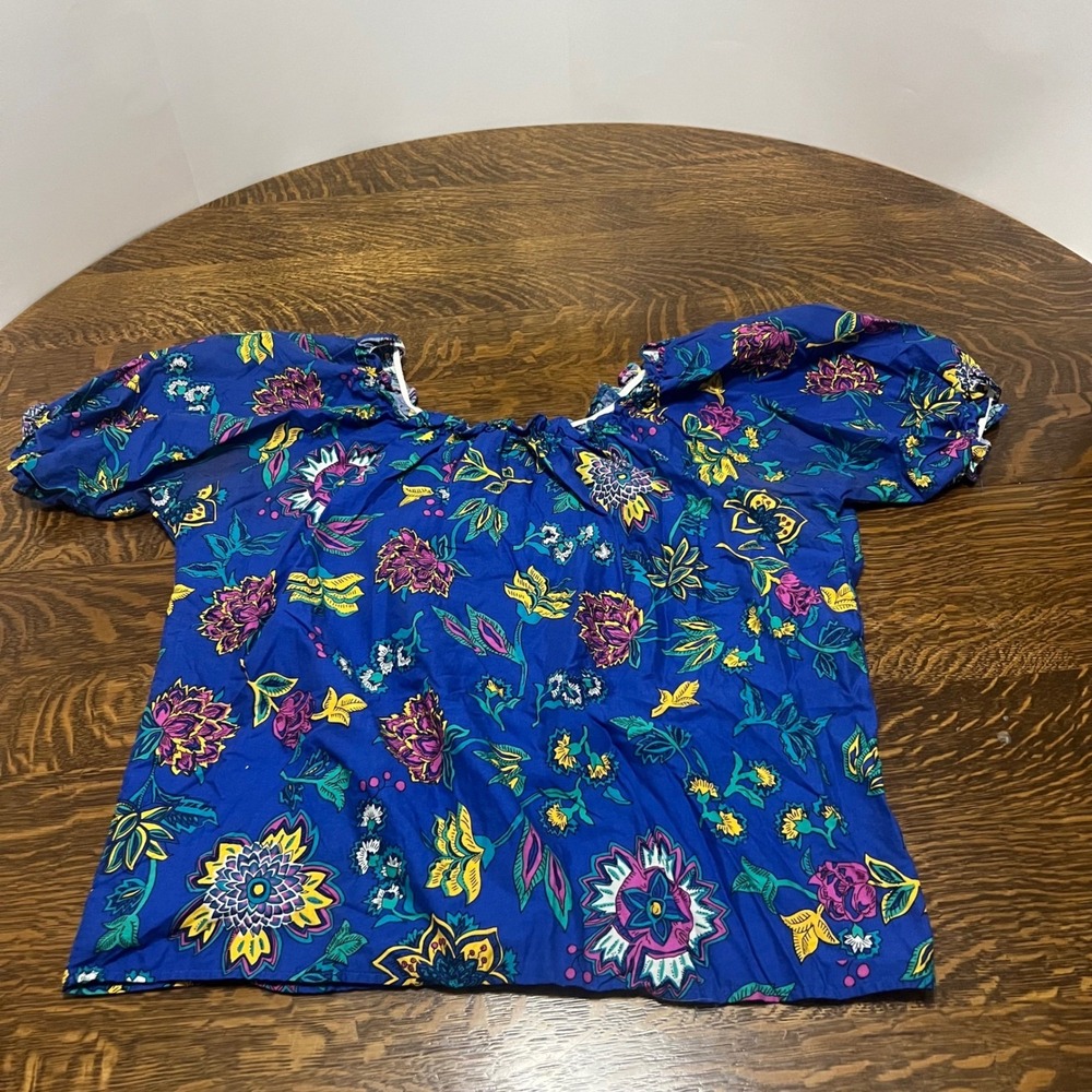 Middlebrook Park Blouse Womens Medium Blue Floral Cotton Puff Sleeve USA Vintage
